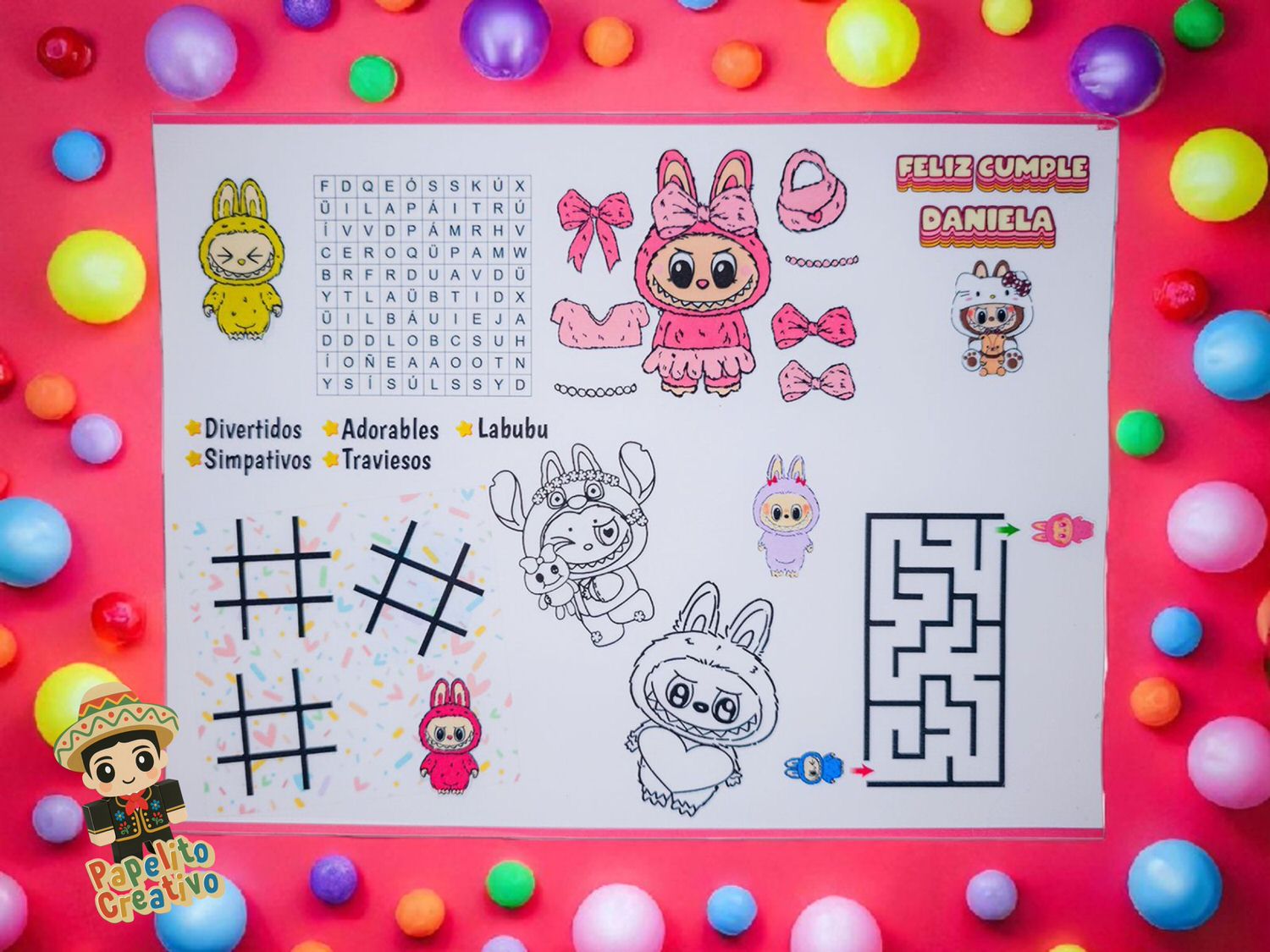 mantelitos de actividades personalizados para fiestas infantiles + 12 plumones | entrega en 1 semana